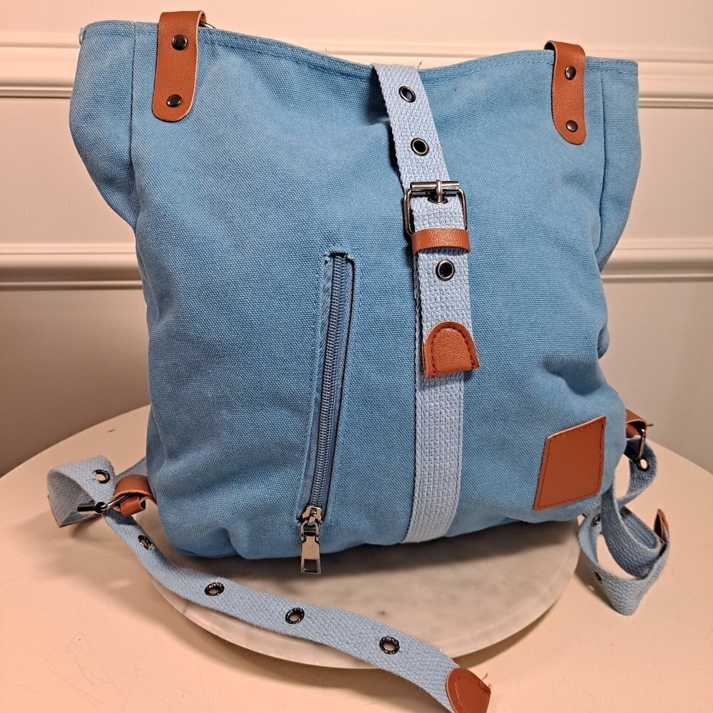 Light Blue Denim Backpack with Camel PU Trim, 2 Sections, Pockets, EUC